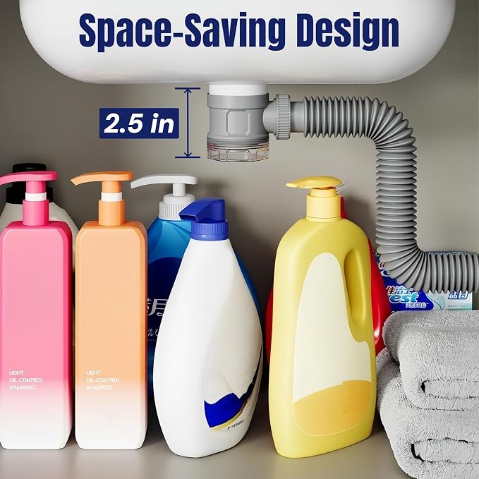 Bathroom Sink Drain Kit with Flexible Expandable Pipe: Odor-Free & Backflow-Preventing, Space-Saving Design without a P-trap, For 1-1/4'' & 1-1/2'' Drain Hole (Gold, Without Overflow)