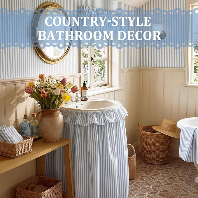 Blue Ruffle Gingham Sink Skirt Self-Adhesive Bathroom Stitch Self Stick Adhesive Fabric Under Sink Curtain Skirt 32'' x 55'' for Bathroom Kitchen Laundry Utility Room Decor(Stripe)