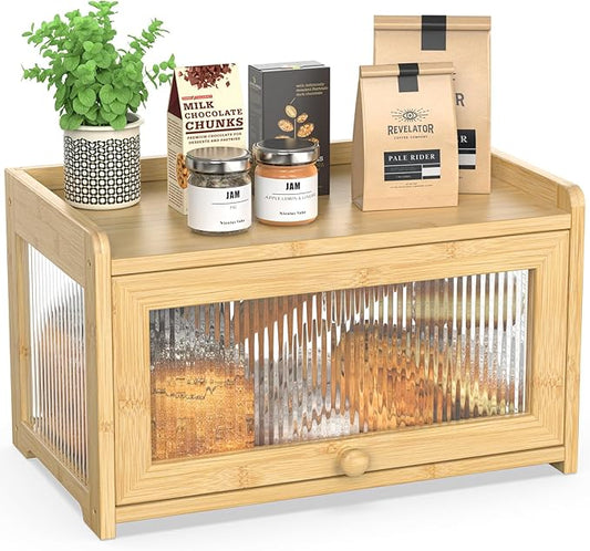 BAMBANG Bamboo Bread Box for Kitchen Countertop, Extra Large Farmhouse Bread Box with 4-Side Clear Panels, Wooden Bread Storage Container for Homemade Bread, Natural