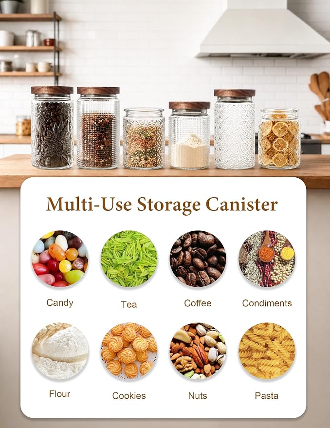 Vintage Glass Jars with Wood Lids - 24 OZ Airtight Storage Container for Kitchen Pantry Bathroom, Decorative Canisters for Coffee Beans, Brown Sugar, Cookie, Candy, Tea Bag, Dog Treat, Flour, Set of 2