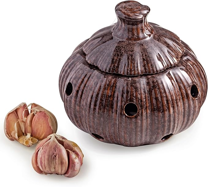 Ceramic Garlic Keeper with Lid, Large Garlic Storage Pod, Garlic Container for Kitchen Counter