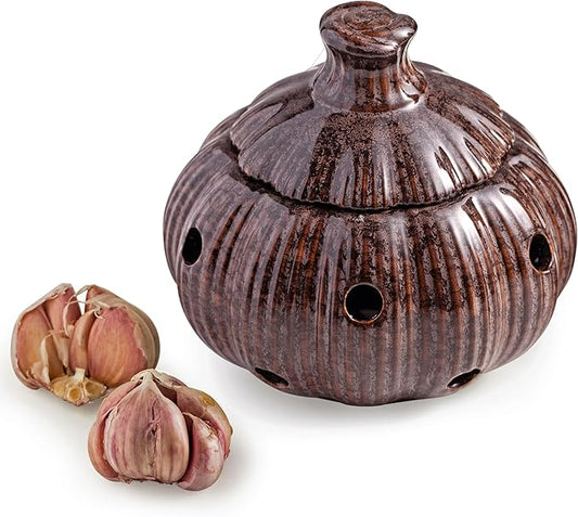 Ceramic Garlic Keeper with Lid, Large Garlic Storage Pod, Garlic Container for Kitchen Counter