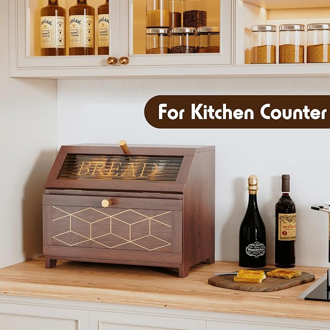HOLTICO Double Layer Bread Box With Golden Trim for Countertop, Wooden Bread Container for Kitchen Counter, Corner Bread Storage, Brown