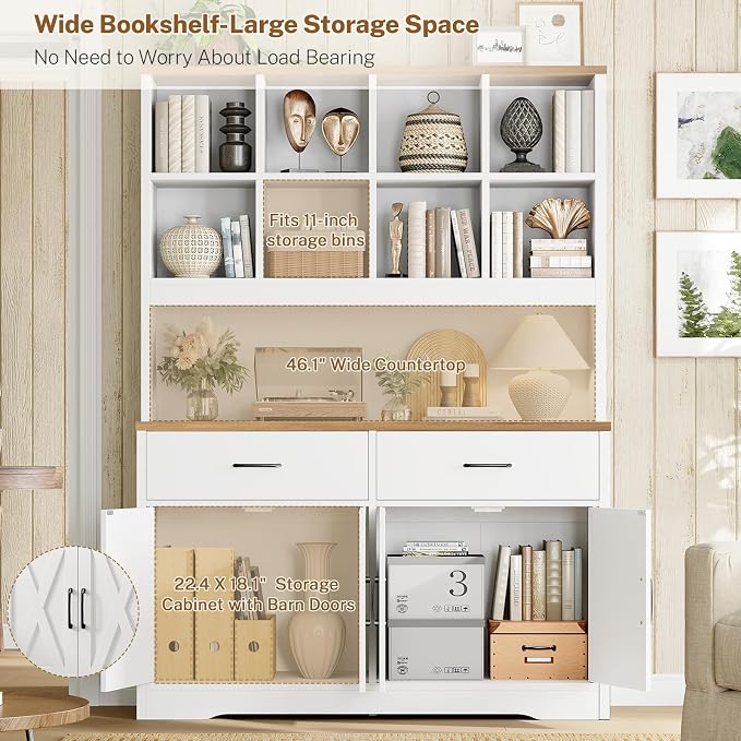 TEENFON Bookshelf and Bookcase, 5 Tier Floor Standing Bookshelves, Large Bookcases with Drawers and Storage Cabinet, 8 Open Storage Shelves and Printer Stand for Study, Living Room, Office