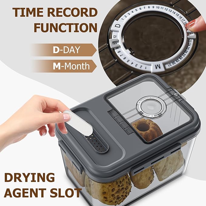 Olimingse Bread Box, 10L Gray Airtight Braed Storage Container, Bread Box For Kitchen Countertop, Time Recording Bread Keeper with Lid, Flip-Top Bread Holder.