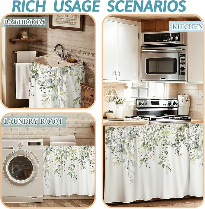 MUGINYU Cabinet Curtains 28" W x 51" L Sink Skirt for Bathroom,Green Leaves Short Curtains for Kitchen &Classroom,Farmhouse Spring Floral Boho Closet Dishwasher Curtain with Velcro