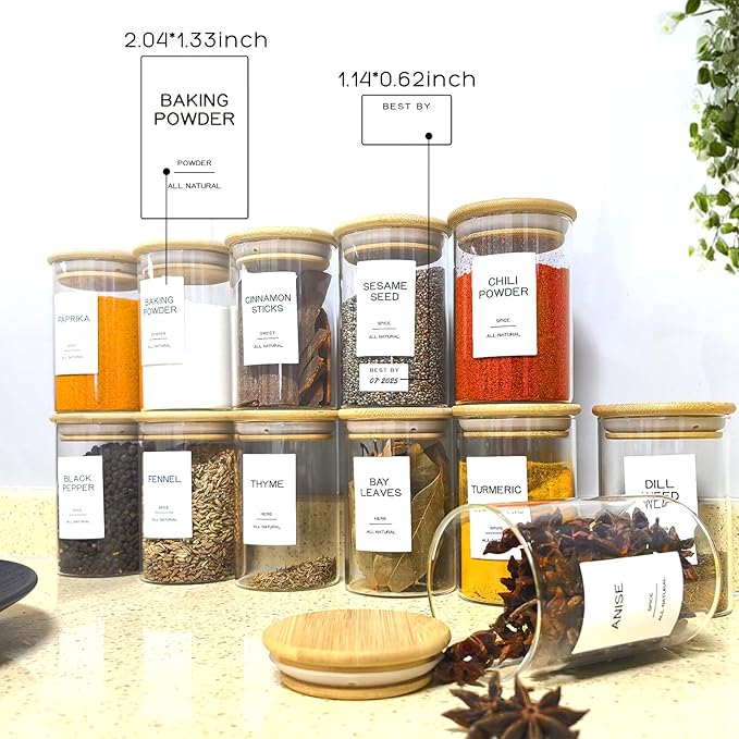 12 Pcs Glass Spice Jars with Bamboo Airtight Lids & 201 Labels - 8oz Small Empty Food Storage Containers for Kitchen, Seasonings, Herbs, Salt