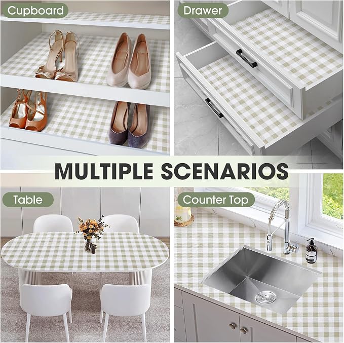Drawer and Shelf Liner, Non-Slip Kitchen Cabinet Liners Non-Adhesive Thick Strong Grip Waterproof Washable Mats Protect Dresser Shelves Cupboard Bathroom Cabinets, Yellow Plaid, 18 in X 20 FT