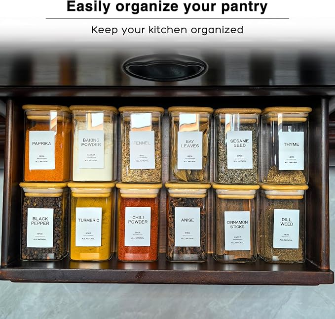 12 Pcs Glass Spice Jars with Bamboo Airtight Lids & 201 Labels - 8oz Square Small Empty Food Storage Containers for Kitchen, Seasonings, Herbs, Salt