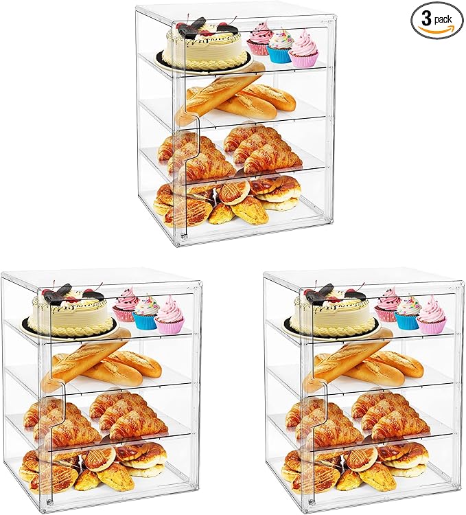 MEI NIAN Pastry Display Case, Bread Box for Kitchen Countertop, 4-Layer Adjustable Bread Box, Large Capacity Bread Storage Container for Home-Baked Breads, Muffins, Bagel, Bread Holder - 3 Pack