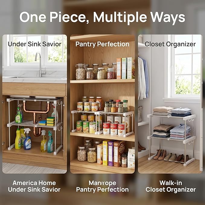 BLULEE Expandable Under Sink Organizer - 3D Adjustable Stackable Storage Shelves,Modular Cabinet Rack Around Pipes for Kitchen Bathroom