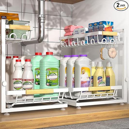 Sevenblue 2 Packs Under Sink Organizer, Height Adjustable 2 Tier Under Kitchen Sink Organizer, Multi-Purpose Storage Shelf for Kitchen Bathroom Cabinet (White, Extra Large)