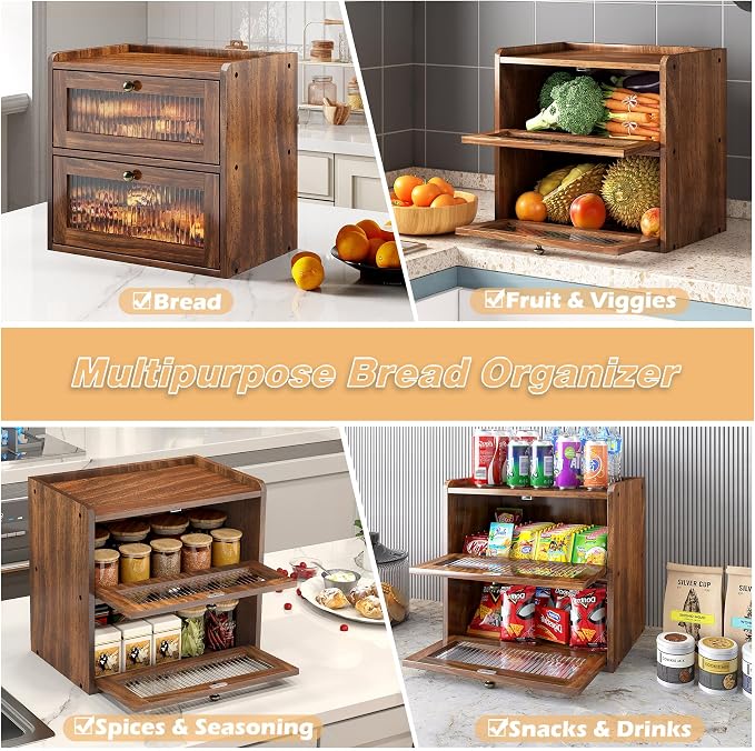 Alpeir Double Layer Large Bread Box for Kitchen Countertop, Retro Brown | Ventilation Hole, Longer Fresh, Natural Wood, Fit Homemade Bread & Baked, Extra Top Storage, Acrylic Window, Farmhouse Style