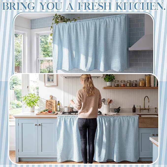 VitalCozy Cabinet Curtain 28" W x 51" L Sink Skirt for Bathroom Kitchen Blue Stripes Short Curtain for Home Classroom Farmhouse Rustic Drape Under Desk Privacy Drape for Laundry Room