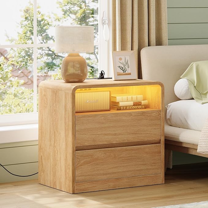 TEENFON Nightstands Set of 2 with Charging Station & LED Lights, Curved Corner Bedside Table 21.7" W, 2 Drawers & Open Shelf, USB-C & USB Ports, Natural, Storage End Table for Bedroom/Living Room