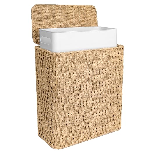 iEGrow Paper Rope Trash Can,Bathroom Trash Can with Lid, 3 Gallon Wicker Waste Basket with Removable Liner, for Bedroom, Living Room, Toilet, Under Sink Natural