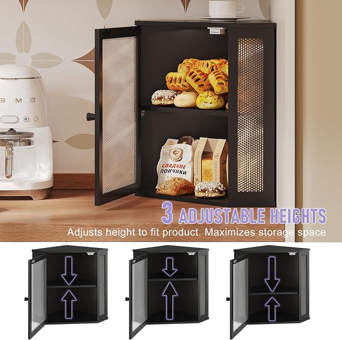 Bamboo Bread Box with Acrylic Window Display, Kitchen Countertop Storage,(Black, Medium)