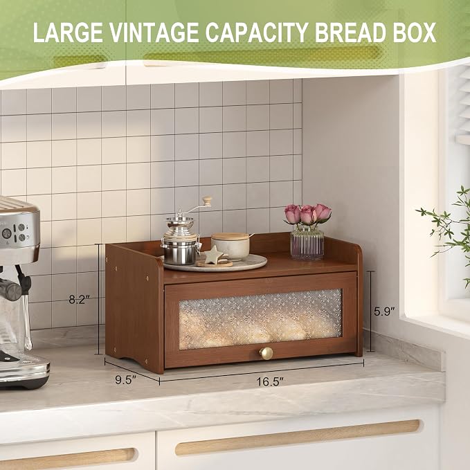 JANSNIMEN Vintage Bread Box for Kitchen Countertop, Bread Container Storage, Wooden Farmhouse Bread Box with Window Bread Holder (Vintage Brown)