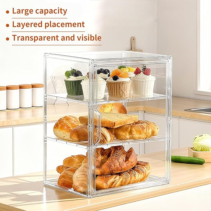 SANKEU Pastry Display Case,Bread Box for Kitchen Countertop,3 Layers Adjustable Clear Bread Storage with Magnetic Door Small Bakery Pastry Display, 2 Pack