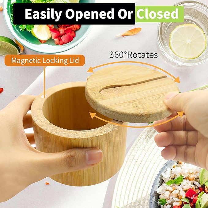 4 Pcs Bamboo Salt Containers for Countertop, Salt and Pepper Bowls with Magnetic Swivel Lid & Spoon, Salt Shakers for Kitchen, Spices Storage Jars, Sugar Holder (4 Pack)