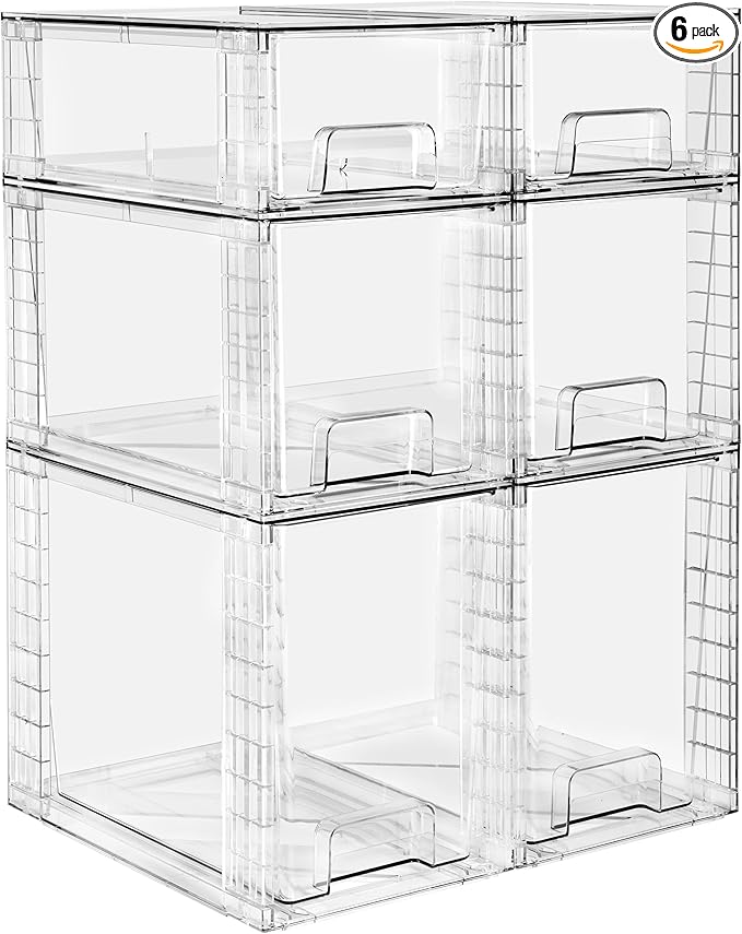 Sorbus Stackable Clear Storage Drawers, 6 Pack (2 Large + 2 Medium + 2 Small) Pull-Out Organizer Bins – Plastic Drawer Organizers for Bathroom, Vanity, Makeup, Under Sink & Countertop Organization