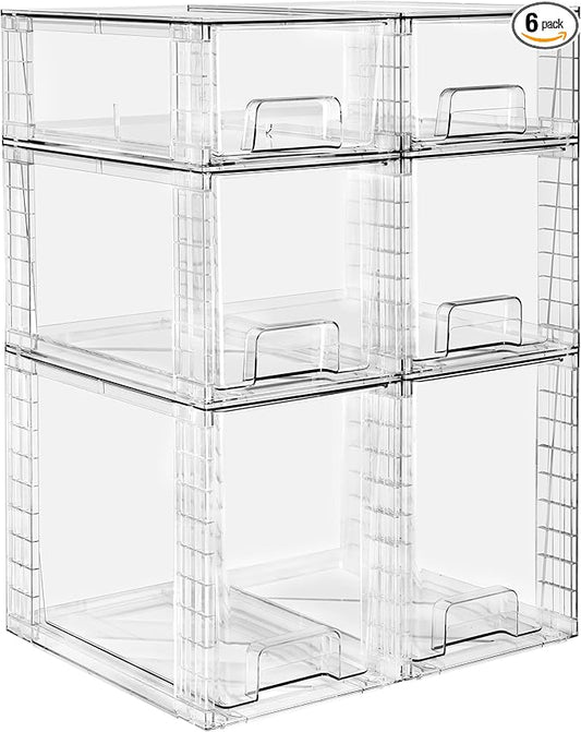 Sorbus Stackable Clear Storage Drawers, 6 Pack (2 Large + 2 Medium + 2 Small) Pull-Out Organizer Bins – Plastic Drawer Organizers for Bathroom, Vanity, Makeup, Under Sink & Countertop Organization