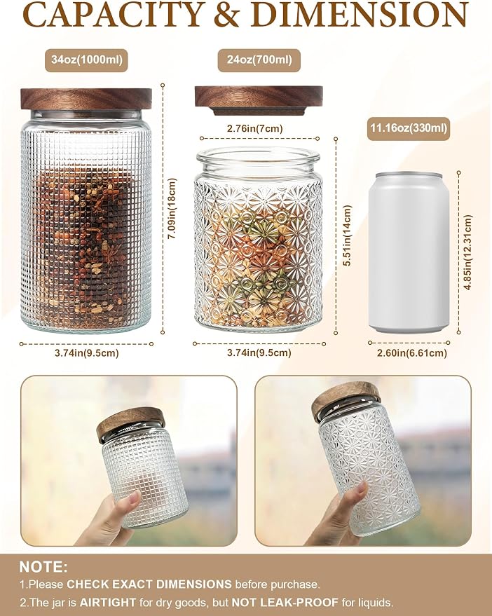 Vintage Glass Jars with Wood Lids - 34 OZ Airtight Storage Container for Kitchen Pantry Bathroom, Decorative Canisters for Coffee Beans, Brown Sugar, Cookie, Candy, Tea Bag, Dog Treat, Flour, Set of 2