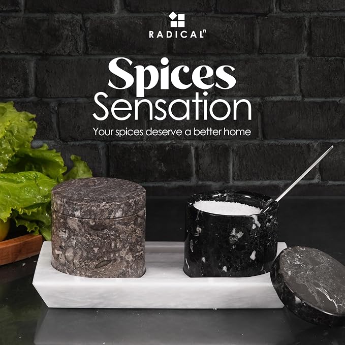 Radicaln Marble Salt Cellar with Lid and Tray 3" Inch Oceanic & Black Handmade Set of 2 Seasoning Jars, Ideal Table Salt Container & Sugar Bowl For Kitchen Countertop