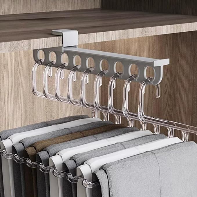 Closet Valet Rod Slide Out, Plastic Pull Out Pants Rack with 9 Holes, No-Drill Space-Saving Organizer, Top Mount Telescopic Pants Rack, Grey