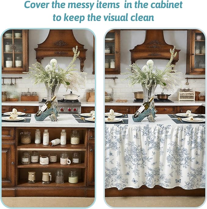 MUGINYU Cabinet Curtains 28" W x 51" L Sink Skirt for Bathroom,Blue Vintage Floral Short Curtains for Kitchen &Classroom,Farmhouse Cottage Core Closet Dishwasher Curtain with Velcro