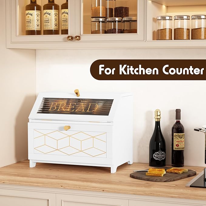 HOLTICO Double Layer Bread Box With Golden Trim for Countertop, Wooden Bread Container for Kitchen Counter, Corner Bread Storage (White)