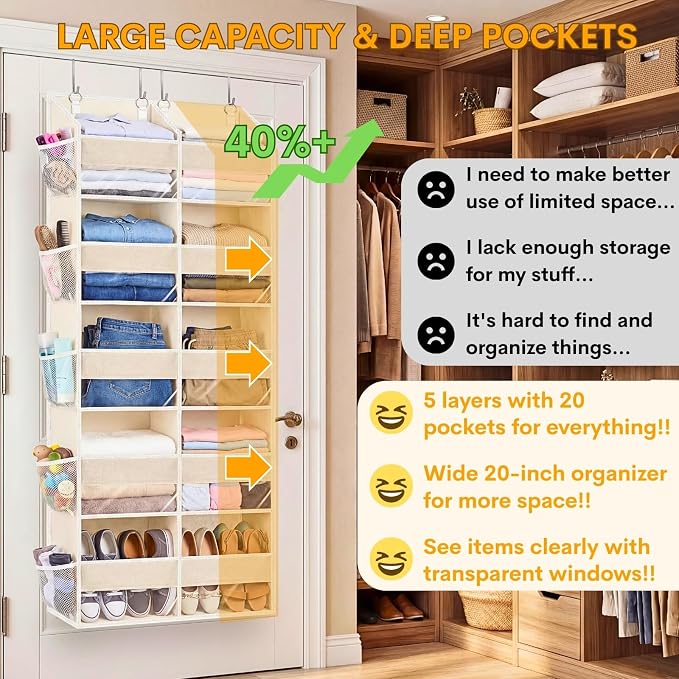 2 Pack Over the Door Organizer 5 Tiers, Extra Large Behind Door Storage of 10 Compartments, 80 lbs Weight Capacity Over Door Organizer, Door Hanging Organizer for Closet, Diaper Organizer, Beige