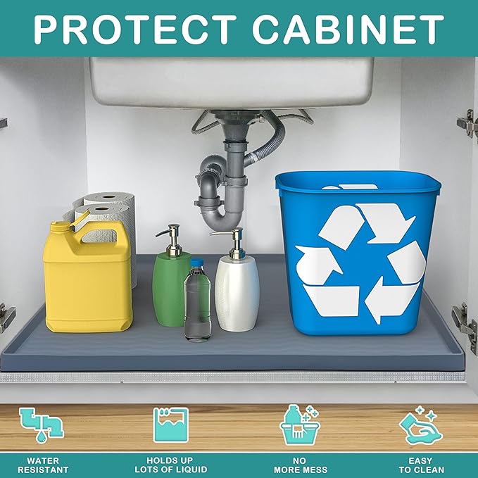 URMONA Waterproof Silicone Under Sink Mat 34'' x 22'' Shelf Liner for Kitchen and Bathroom, Cabinet and Counter Protector, Storage and Organizers, Litter Mat, Pet Cat Puppy Essentials(Green)