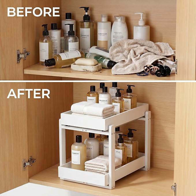 Bamboo Under Sink Storage 2 Tier Pull Out Cabinet Organizer Slide Out Under Sink Storage Shelf Undersink Organizers Shelves for Kitchen Bathroom Organization (White, 2 Pack)