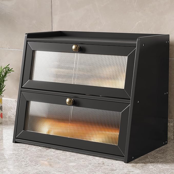 Double Layer Large Bamboo Bread Box for Kitchen Counter, Wooden Large Capacity Bread Storage Bin with Window Bread Holder