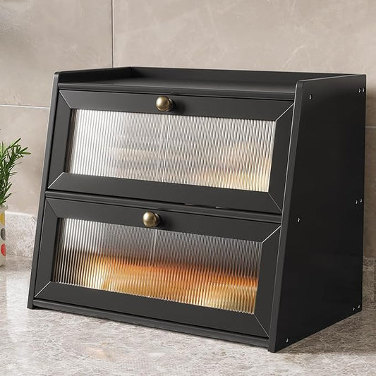 Double Layer Large Bamboo Bread Box for Kitchen Counter, Wooden Large Capacity Bread Storage Bin with Window Bread Holder