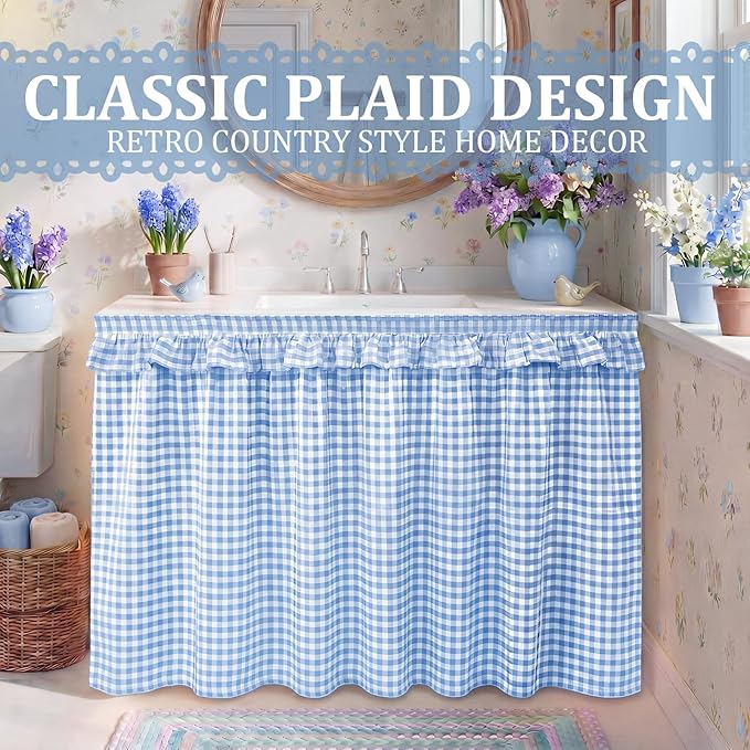 Blue Ruffle Gingham Sink Skirt Self-Adhesive Bathroom Stitch Self Stick Adhesive Fabric Under Sink Curtain Skirt 55'' x 32'' for Bathroom Kitchen Laundry Utility Room Decor