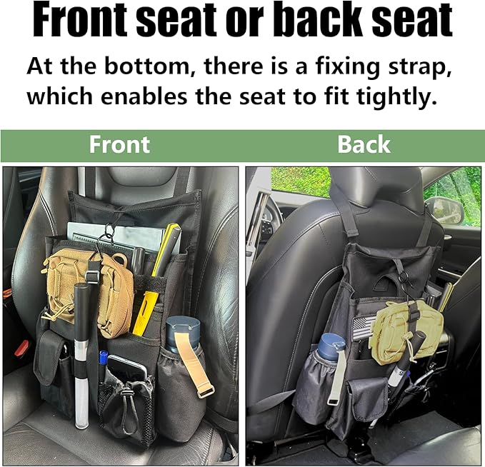 Front & Seat back organizer with dedicated tablet and 15.6 IN laptop storage stabilizers external stabilizing side straps soft adjustable shoulder straps hardened buckle (Black)