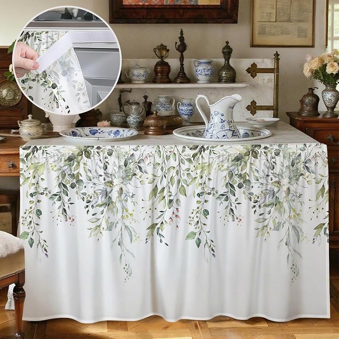 MUGINYU Cabinet Curtains 28" W x 51" L Sink Skirt for Bathroom,Green Leaves Short Curtains for Kitchen &Classroom,Farmhouse Spring Floral Boho Closet Dishwasher Curtain with Velcro