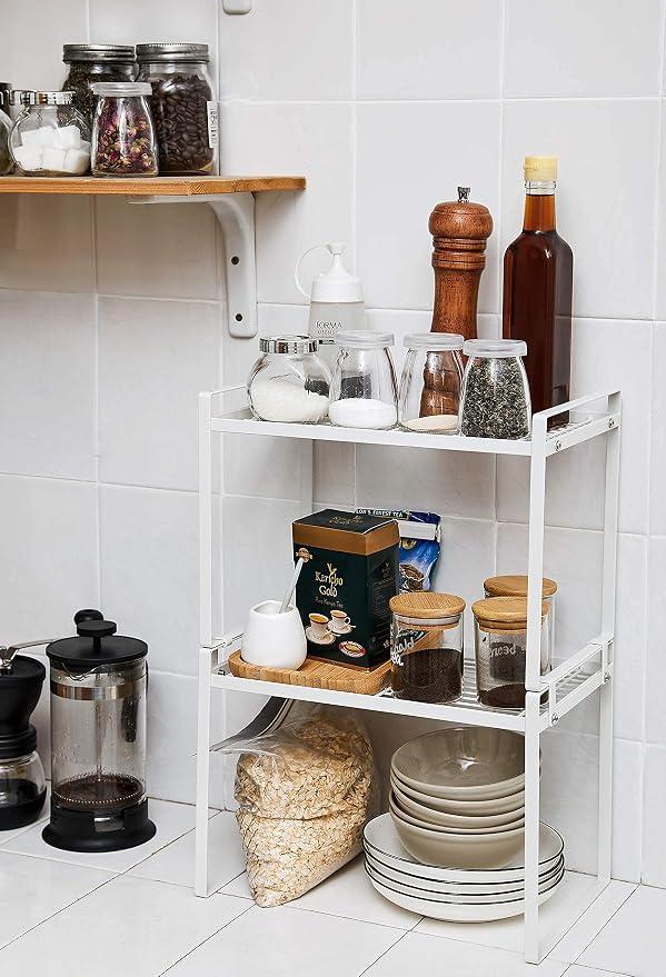 Shantton 2pk Kitchen Cabinet Shelf Counter Organizer Rack Pantry Storage Bathroom Bedroom Office Table Desk Space Saving Steel Frame Stackable Rust Resistant Non Slip White-Tall- L13in W8.3in H9.5in