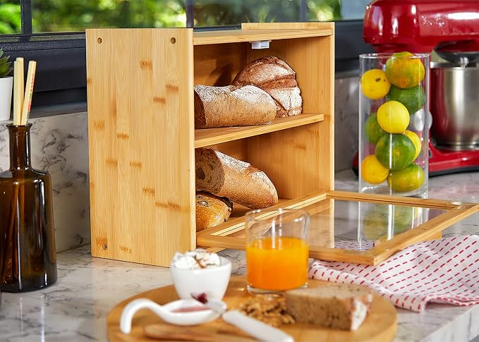 RoyalHouse Premium Bamboo Double Layer Bread Box With Clear Window, Bread Storage And Organizer for Kitchen Countertop, Bread Container, Assembly Required