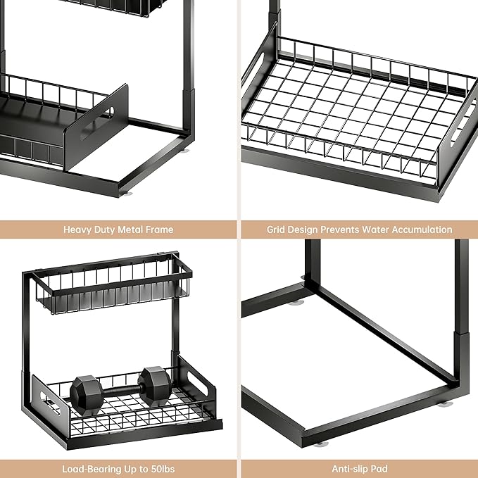 Under Sink Organizer and Storage 2 Pack, Slide Out Cabinet Organizer, Pull Out Sink Shelf for Kitchen Bathroom Laundry, Black