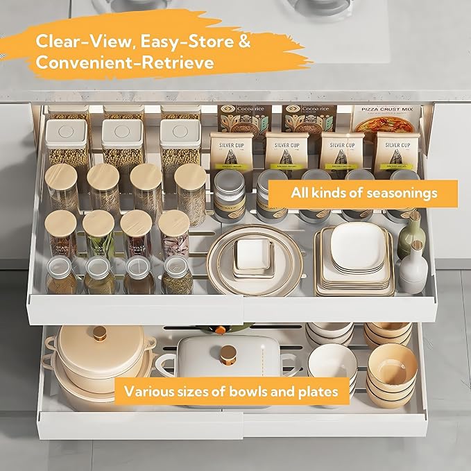 Pull Out Cabinet Organizer 16.54 inch Deep,Expandable Pull out Drawers for Cabinets Adhesive with Film, No Drill Slide Out Drawers for Kitchen Cabinets (Medium-Grey)