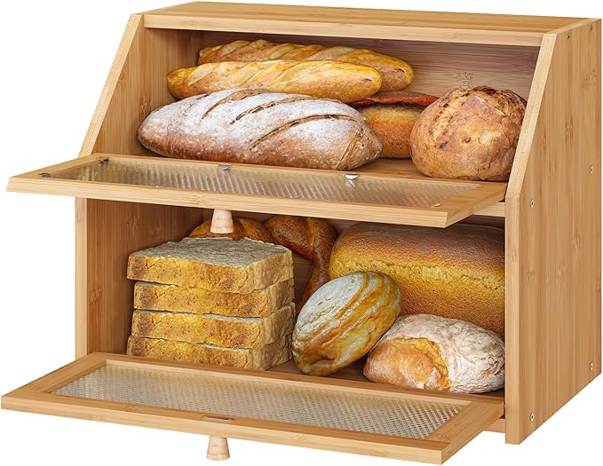 Bread Box, Bamboo Wood Bread Box for Kitchen Counter, Double-layer Bread Storage Bin, Acrylic glass with Diamond Patterns (Natural, Large)