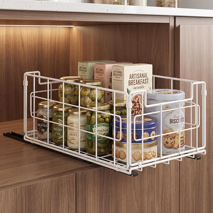 Pull Out Cabinet Sliding Basket Organizer, Heavy Duty Slide Out Drawer for Kitchen Cabinet, No Drill Adhesive Sliding Shelves for Kitchen Bathroom Home, 13.8" D x 8.5" W x 6.3" H, White