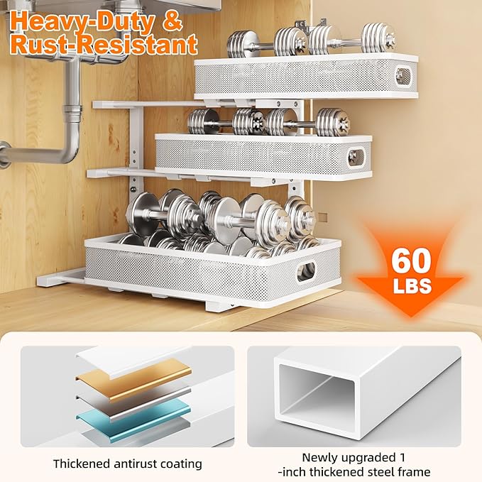 Under Sink Organizer, 2-Pack 3-Tier White Metal Pull Out Cabinet Organizer, Slide Out Under Sink Storage Drawers, Under The Sink Organization and Storage Shelf for Kitchen Bathroom Pantry Laundry Room