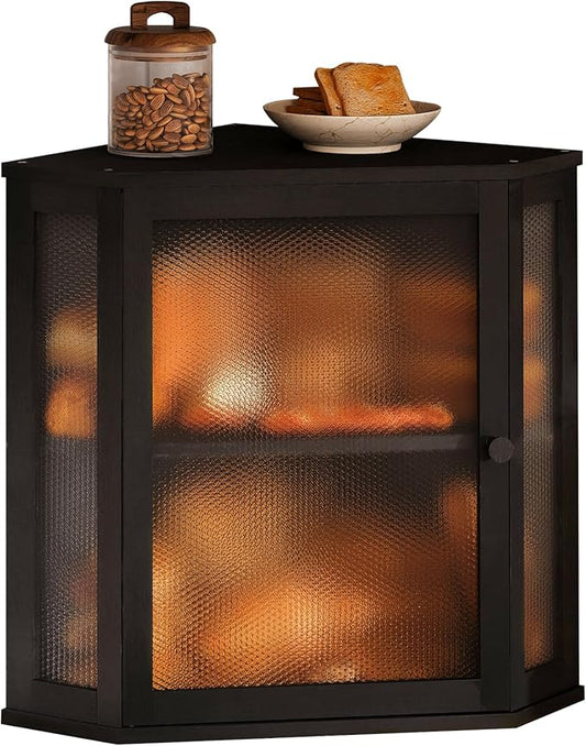 Corner Bread Box for Kitchen Countertop,Bread Storage for Homemade Bread, Double Layer Large Bamboo Kitchen Storage Bin with Window (Black, Large)
