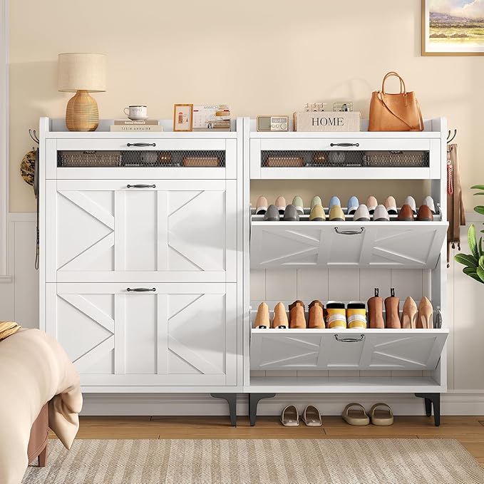 TEENFON Shoe Cabinet with 2 Flip Drawers & Top Drawer, Farmhouse Narrow Shoe Storage Cabinet with Adjustable Shelves & Hooks, Freestanding Hidden Slim Shoe Rack Cabinet for Entryway, Hallway, White