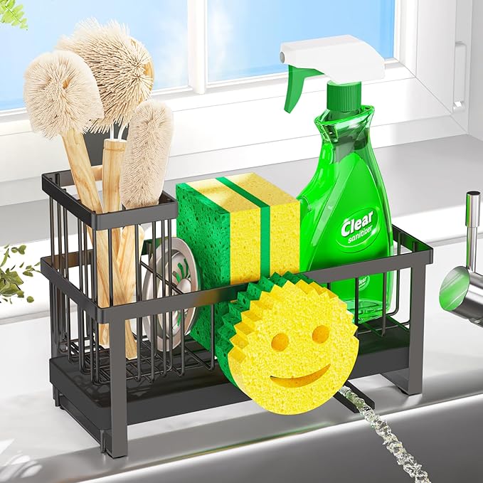 Sponge Holder for Kitchen Sink,Sink Caddy with Removable Dish Brush Holder,Self-Draining Kitchen Countertop Organizers and Storage Essentials,Soap Dispenser Organize and Home Decor-Black