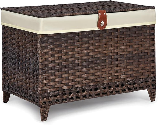 Honjourai Wicker Storage Basket with Lid,Rattan Shelf Basket with Removable Liner Bag,105L Storage Bin,Storage Trunk with Heightened Feet,Storage Container for Wardrobe,Home Organizer